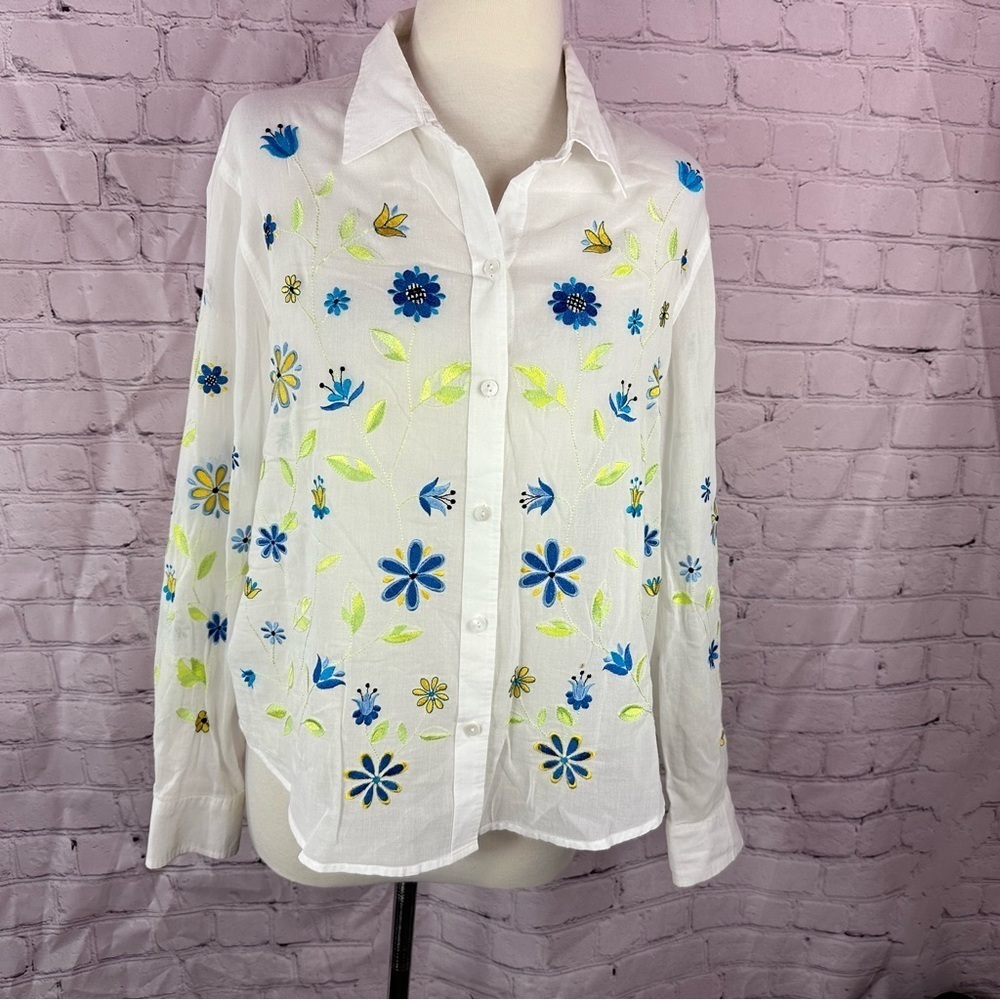 David Brooks Floral Embroidered sheer White Button up Shirt women L boho coastal